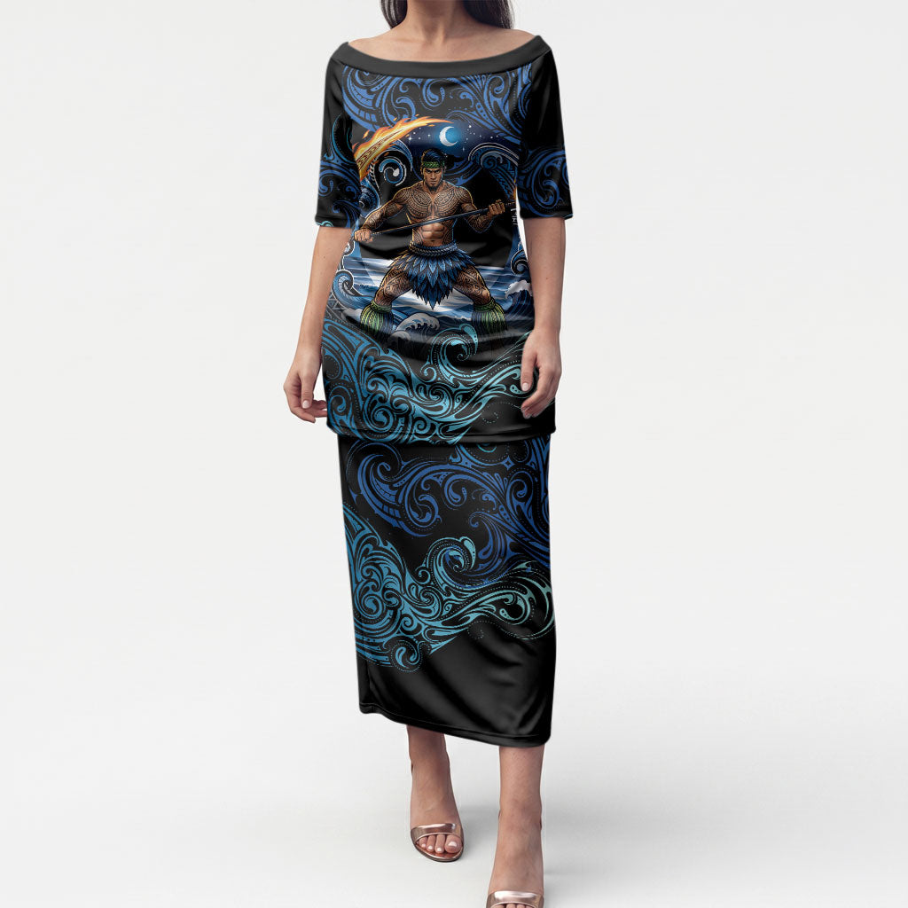 Samoa Siva Afi Puletasi Fireknife Fire Dance Pacific Tribal Motif LT9 Long Dress Blue - Polynesian Pride