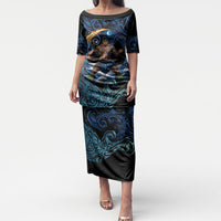 Samoa Siva Afi Puletasi Fireknife Fire Dance Pacific Tribal Motif LT9 Long Dress Blue - Polynesian Pride