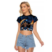 Samoa Siva Afi Raglan Cropped T Shirt Fireknife Fire Dance Pacific Tribal Motif LT9 Female Blue - Polynesian Pride