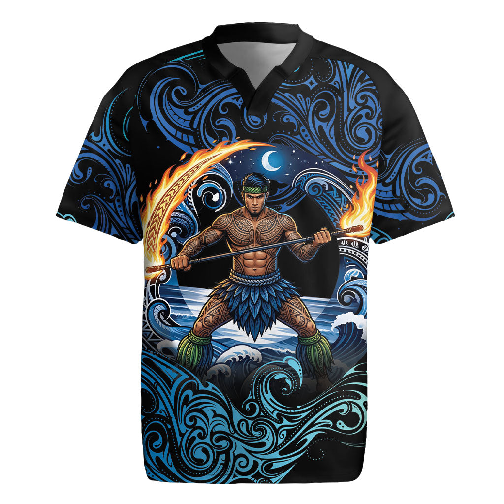 Samoa Siva Afi Rugby Jersey Fireknife Fire Dance Pacific Tribal Motif LT9 Blue - Polynesian Pride