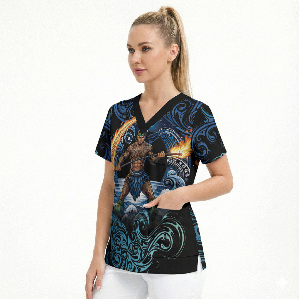 Samoa Siva Afi Scrub Top Fireknife Fire Dance Pacific Tribal Motif LT9 - Polynesian Pride