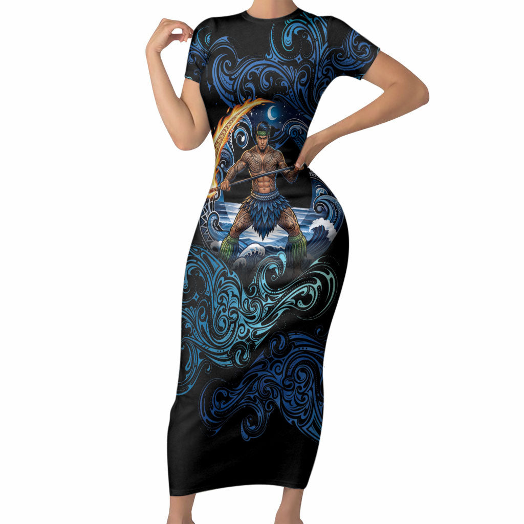 Samoa Siva Afi Short Sleeve Bodycon Dress Fireknife Fire Dance Pacific Tribal Motif LT9 Long Dress Blue - Polynesian Pride