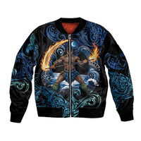 Samoa Siva Afi Sleeve Zip Bomber Jacket Fireknife Fire Dance Pacific Tribal Motif LT9 Unisex Blue - Polynesian Pride