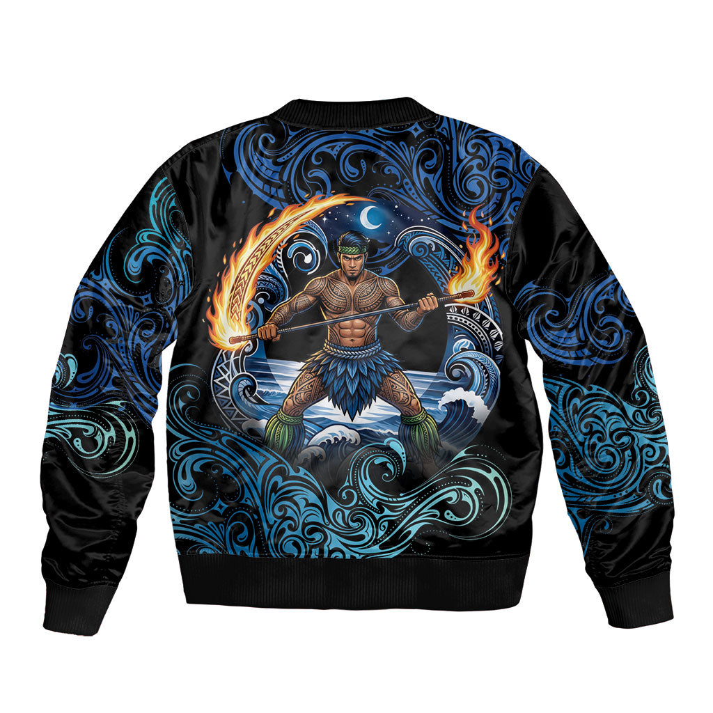 Samoa Siva Afi Sleeve Zip Bomber Jacket Fireknife Fire Dance Pacific Tribal Motif LT9 - Polynesian Pride