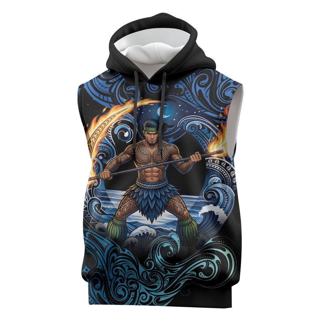 Samoa Siva Afi Sleeveless Hoodie Fireknife Fire Dance Pacific Tribal Motif LT9 Blue - Polynesian Pride
