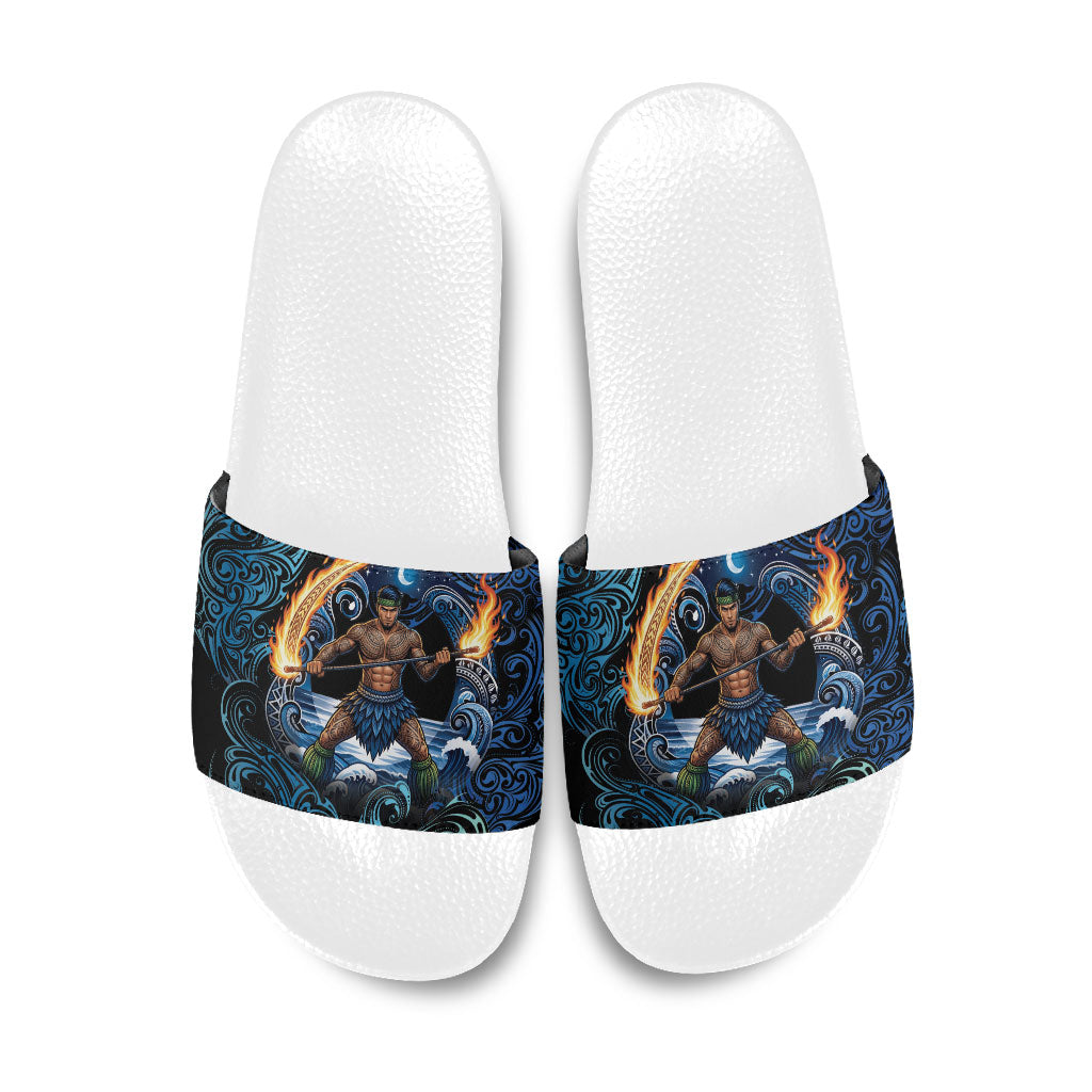 Samoa Siva Afi Slide Sandals Fireknife Fire Dance Pacific Tribal Motif LT9 Blue - Polynesian Pride