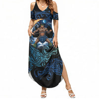 Samoa Siva Afi Summer Maxi Dress Fireknife Fire Dance Pacific Tribal Motif LT9 Women Blue - Polynesian Pride