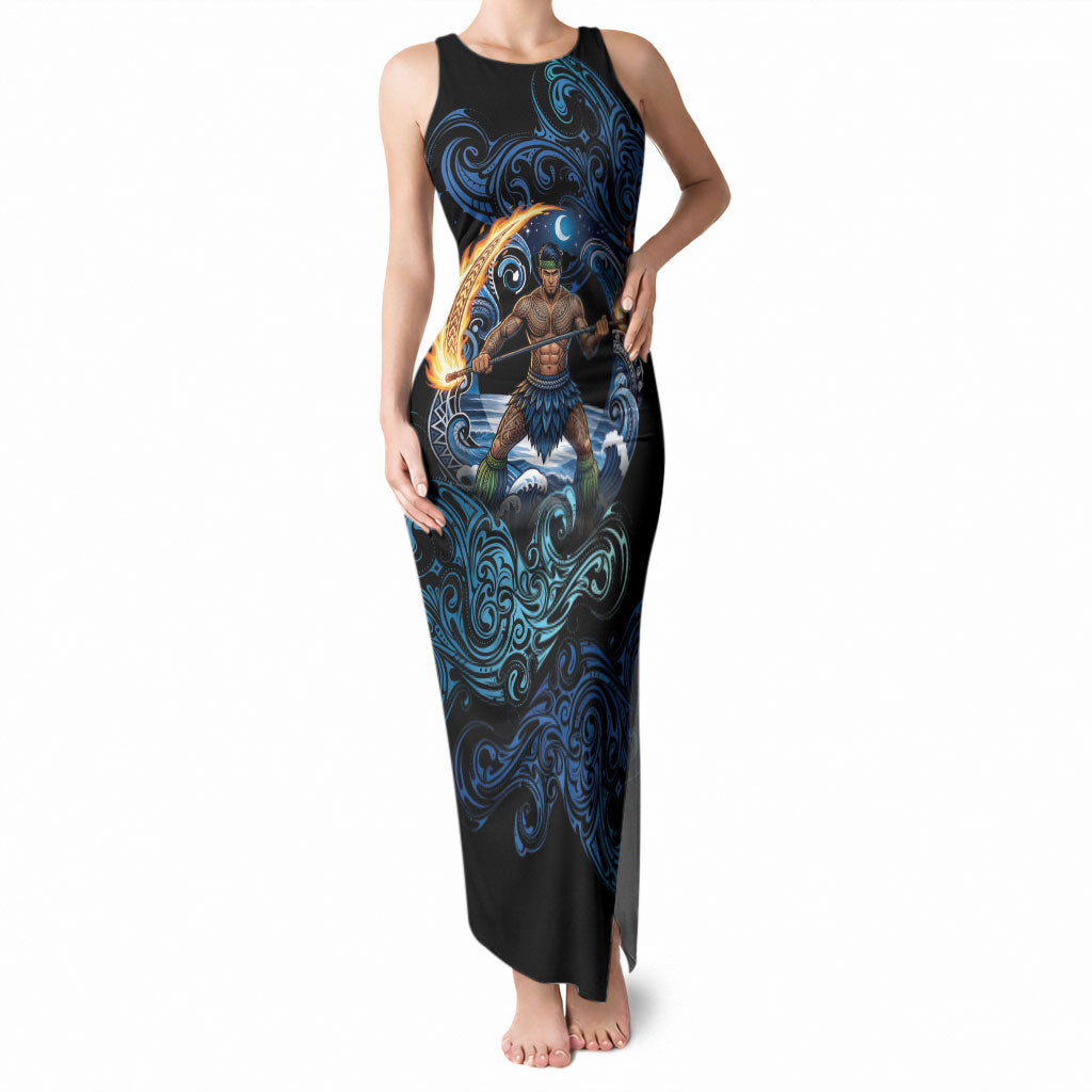 Samoa Siva Afi Tank Maxi Dress Fireknife Fire Dance Pacific Tribal Motif LT9 Women Blue - Polynesian Pride