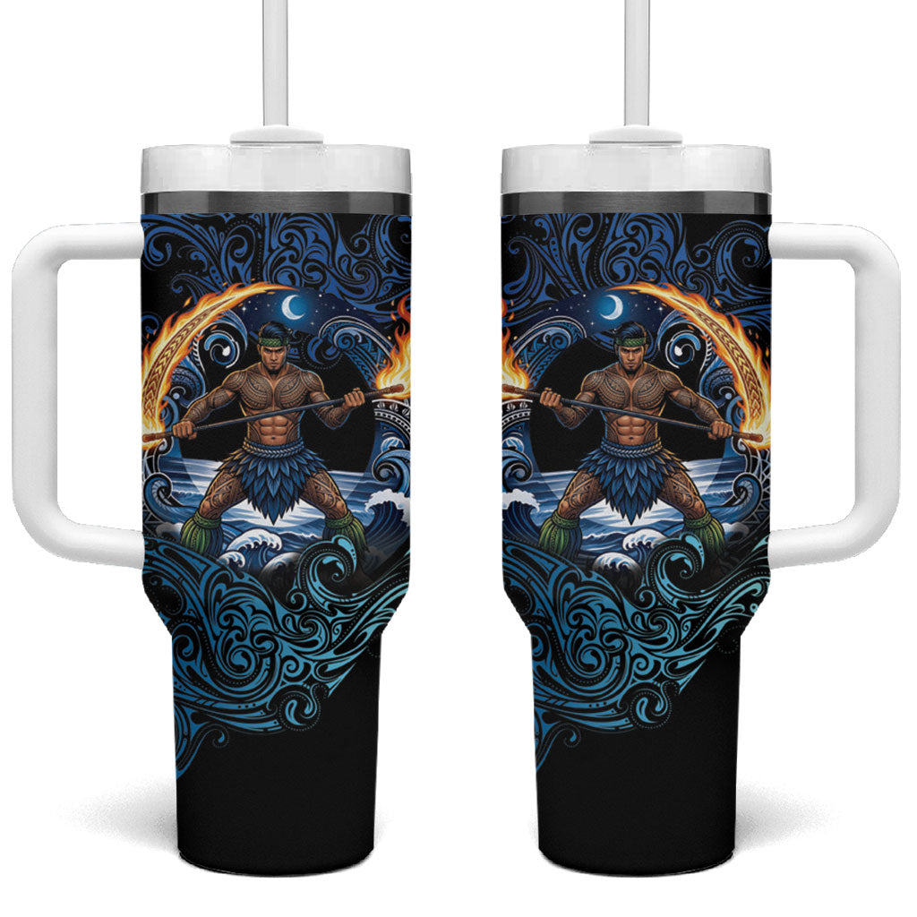 Samoa Siva Afi Tumbler With Handle Fireknife Fire Dance Pacific Tribal Motif LT9 One Size: 40 oz Blue - Polynesian Pride