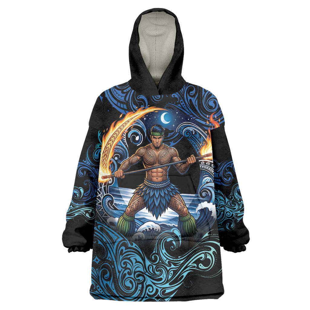 Samoa Siva Afi Wearable Blanket Hoodie Fireknife Fire Dance Pacific Tribal Motif LT9 One Size Blue - Polynesian Pride