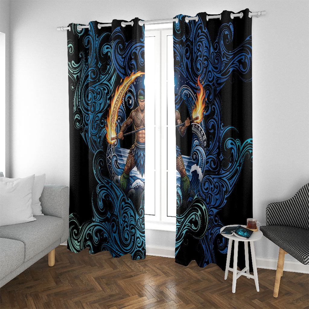 Samoa Siva Afi Window Curtain Fireknife Fire Dance Pacific Tribal Motif LT9 With Grommets Blue - Polynesian Pride