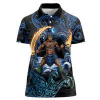 Samoa Siva Afi Women Polo Shirt Fireknife Fire Dance Pacific Tribal Motif LT9 Female Blue - Polynesian Pride