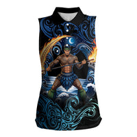 Samoa Siva Afi Women Sleeveless Polo Shirt Fireknife Fire Dance Pacific Tribal Motif LT9 Female Blue - Polynesian Pride