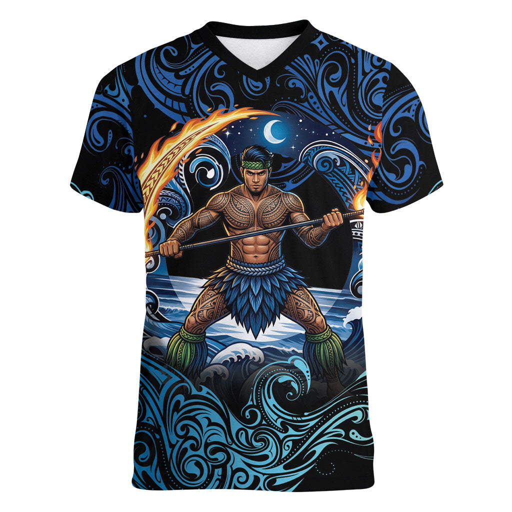 Samoa Siva Afi Women V-Neck T-Shirt Fireknife Fire Dance Pacific Tribal Motif LT9 Female Blue - Polynesian Pride
