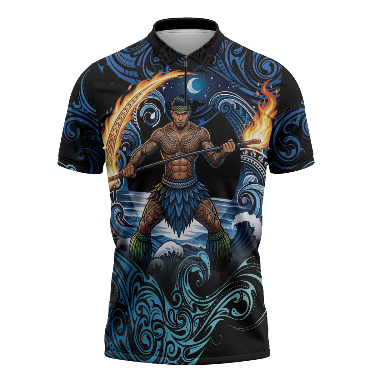 Samoa Siva Afi Zipper Polo Shirt Fireknife Fire Dance Pacific Tribal Motif LT9 Blue - Polynesian Pride