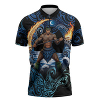 Samoa Siva Afi Zipper Polo Shirt Fireknife Fire Dance Pacific Tribal Motif LT9 Blue - Polynesian Pride
