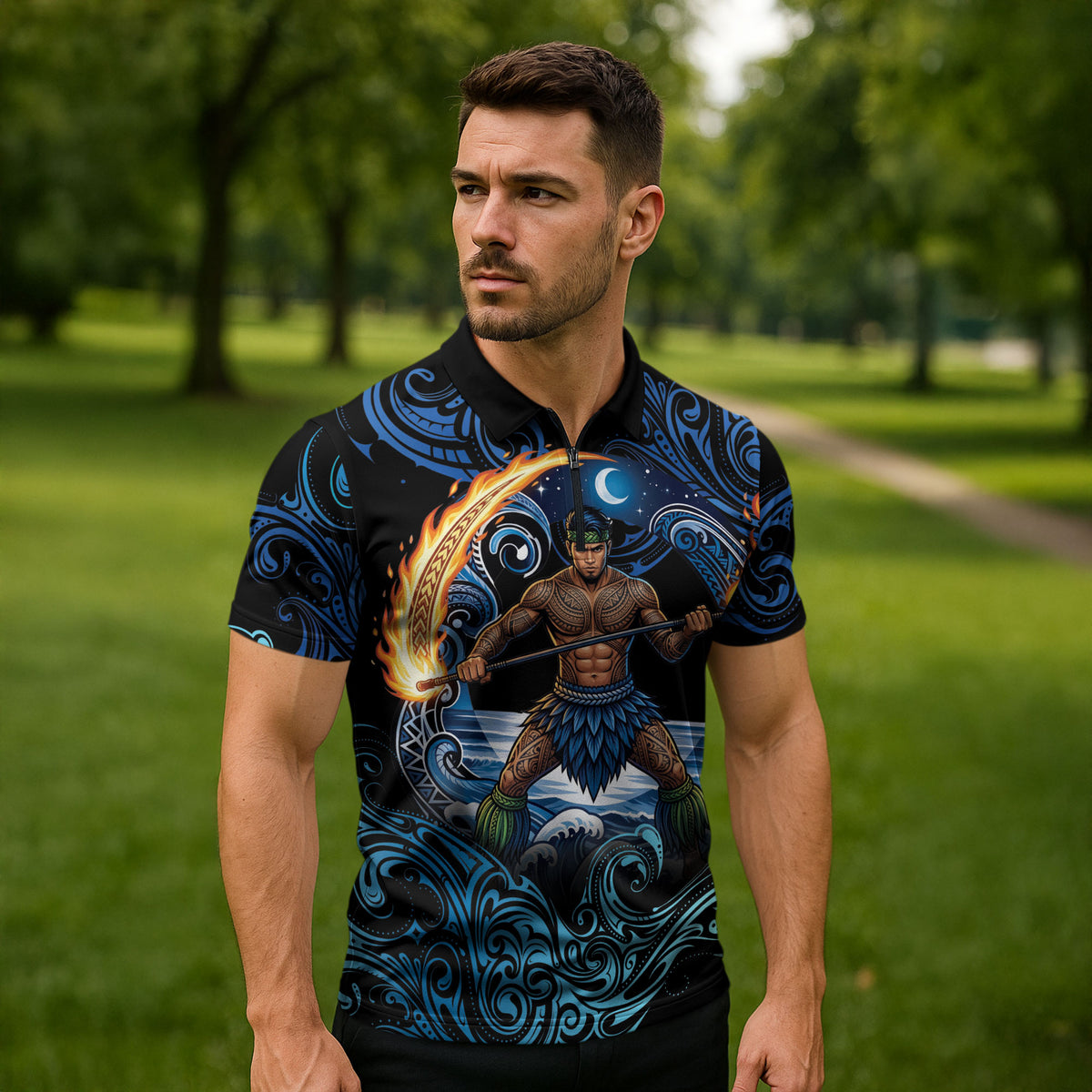 Samoa Siva Afi Zipper Polo Shirt Fireknife Fire Dance Pacific Tribal Motif LT9 - Polynesian Pride