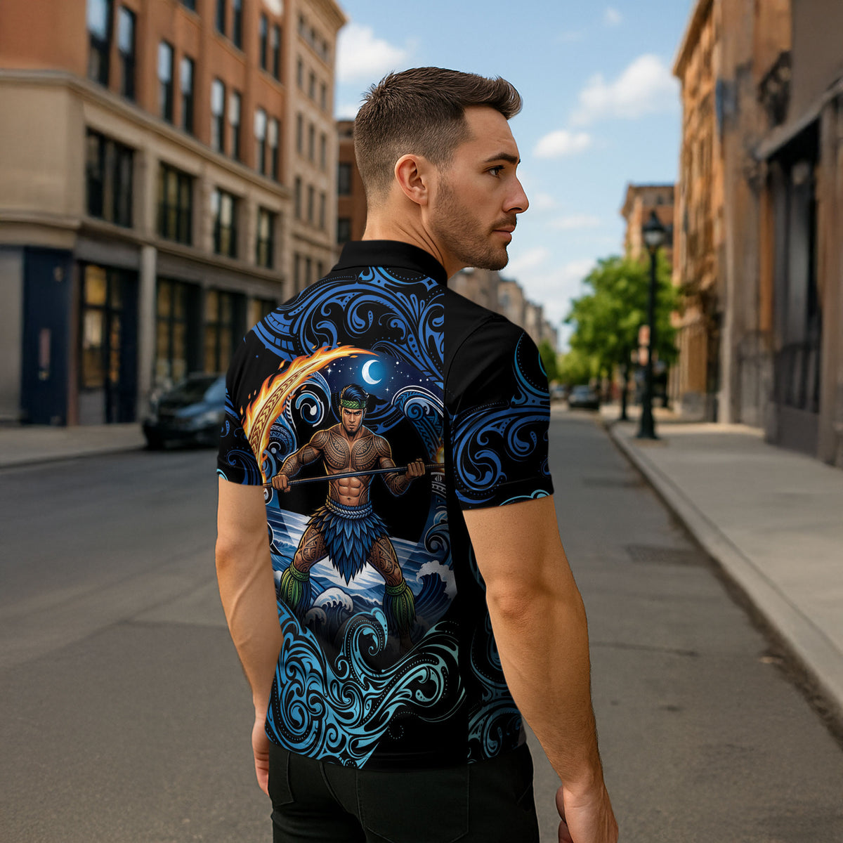 Samoa Siva Afi Zipper Polo Shirt Fireknife Fire Dance Pacific Tribal Motif LT9 - Polynesian Pride