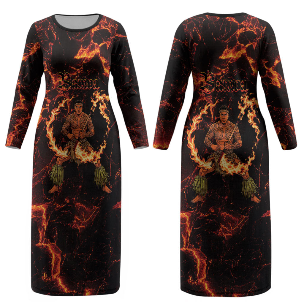Samoa Siva Afi Dance Fireknife Couples Matching Long Sleeve Bodycon Dress and Hawaiian Shirt Polynesian Heritage Fire Dance LT9 - Polynesian Pride