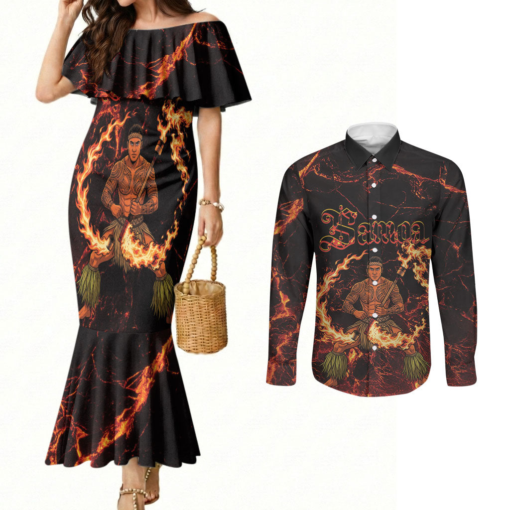 Samoa Siva Afi Dance Fireknife Couples Matching Mermaid Dress and Long Sleeve Button Shirt Polynesian Heritage Fire Dance LT9 Black - Polynesian Pride