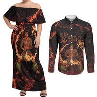 Samoa Siva Afi Dance Fireknife Couples Matching Off Shoulder Maxi Dress and Long Sleeve Button Shirt Polynesian Heritage Fire Dance LT9 Black - Polynesian Pride