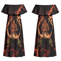 Samoa Siva Afi Dance Fireknife Couples Matching Off Shoulder Maxi Dress and Long Sleeve Button Shirt Polynesian Heritage Fire Dance LT9 - Polynesian Pride