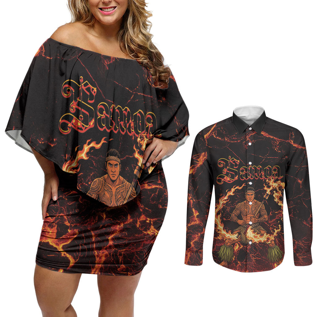 Samoa Siva Afi Dance Fireknife Couples Matching Off Shoulder Short Dress and Long Sleeve Button Shirt Polynesian Heritage Fire Dance LT9 Black - Polynesian Pride