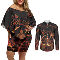 Samoa Siva Afi Dance Fireknife Couples Matching Off Shoulder Short Dress and Long Sleeve Button Shirt Polynesian Heritage Fire Dance LT9 Black - Polynesian Pride