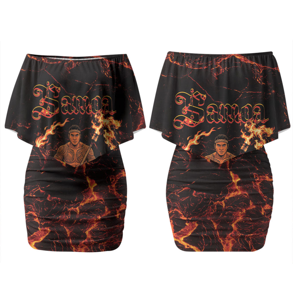 Samoa Siva Afi Dance Fireknife Couples Matching Off Shoulder Short Dress and Long Sleeve Button Shirt Polynesian Heritage Fire Dance LT9 - Polynesian Pride