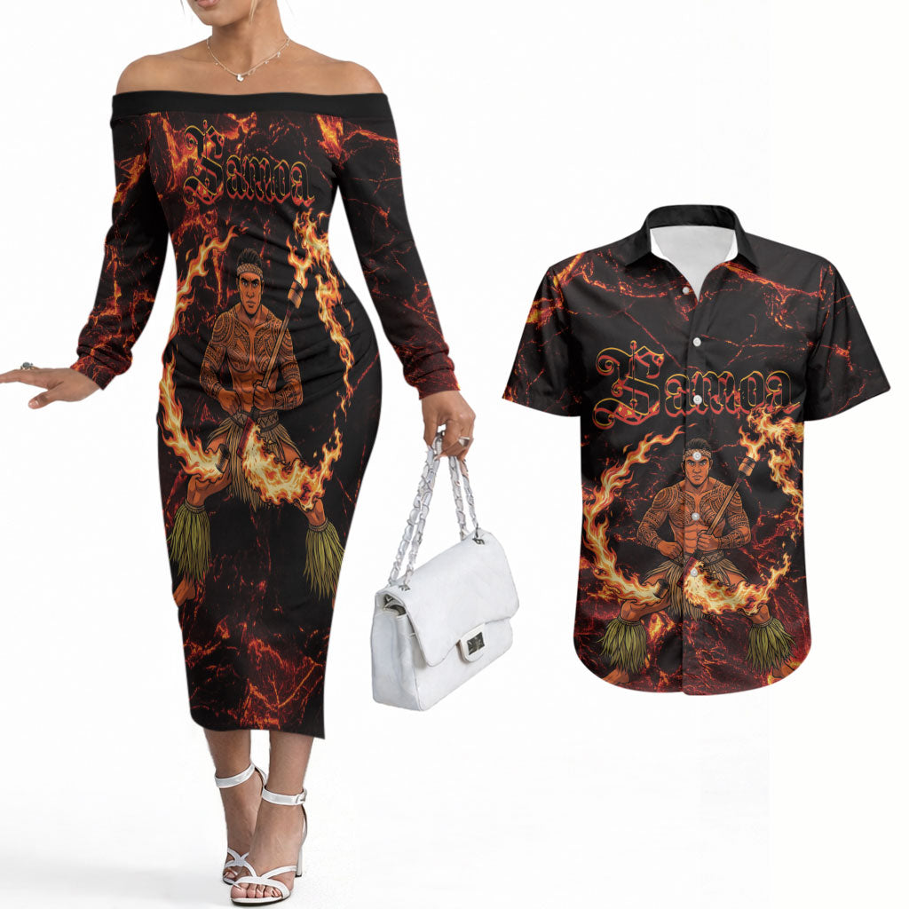Samoa Siva Afi Dance Fireknife Couples Matching Off The Shoulder Long Sleeve Dress and Hawaiian Shirt Polynesian Heritage Fire Dance LT9 Black - Polynesian Pride
