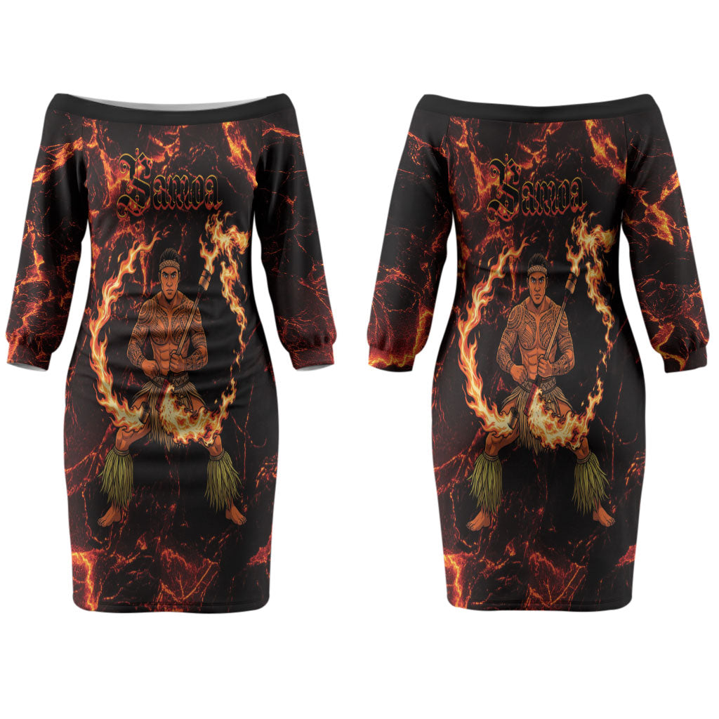 Samoa Siva Afi Dance Fireknife Couples Matching Off The Shoulder Long Sleeve Dress and Long Sleeve Button Shirt Polynesian Heritage Fire Dance LT9 - Polynesian Pride
