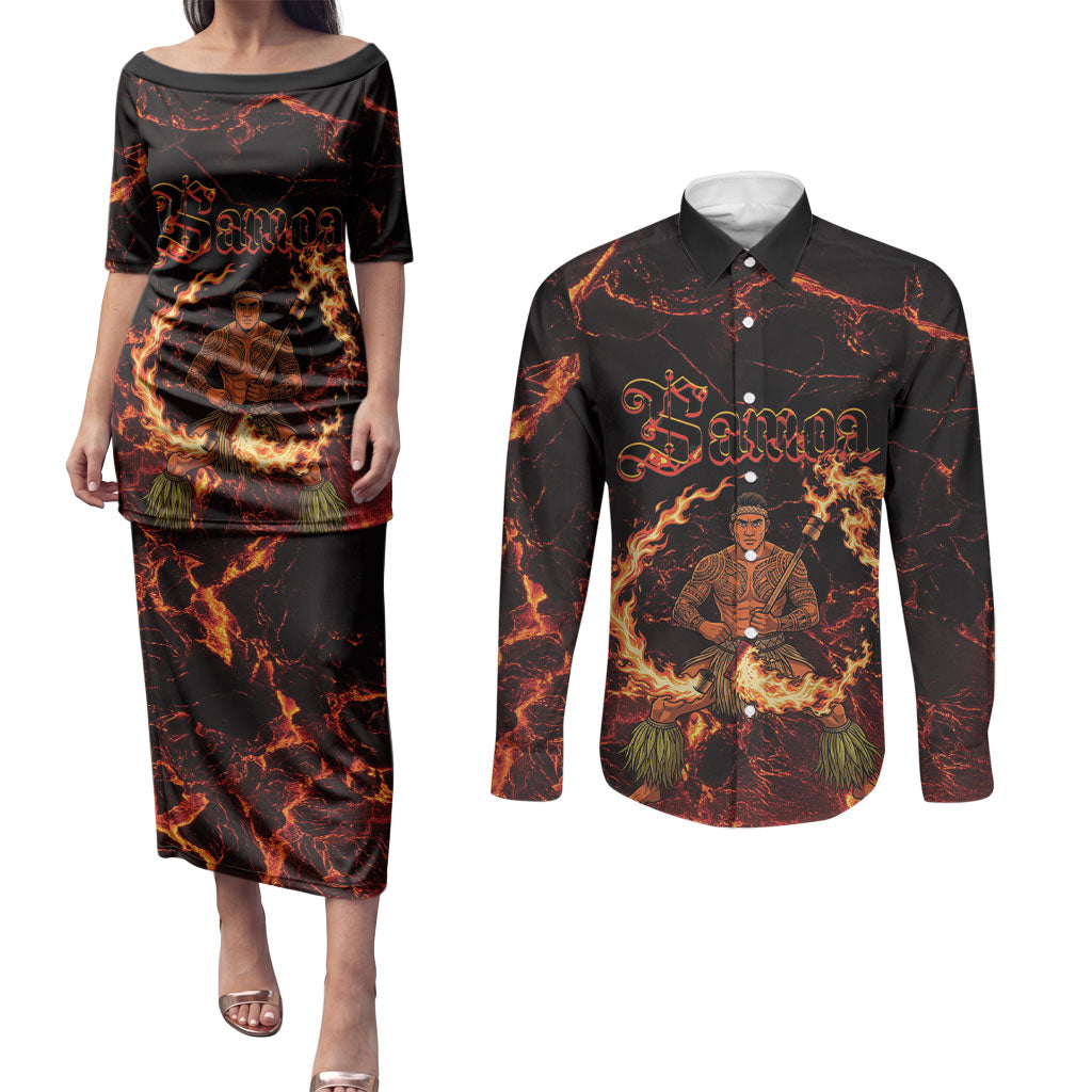 Samoa Siva Afi Dance Fireknife Couples Matching Puletasi and Long Sleeve Button Shirt Polynesian Heritage Fire Dance LT9 Black - Polynesian Pride