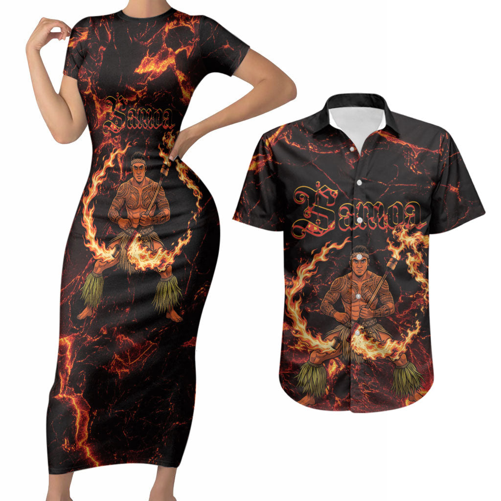 Samoa Siva Afi Dance Fireknife Couples Matching Short Sleeve Bodycon Dress and Hawaiian Shirt Polynesian Heritage Fire Dance LT9 Black - Polynesian Pride