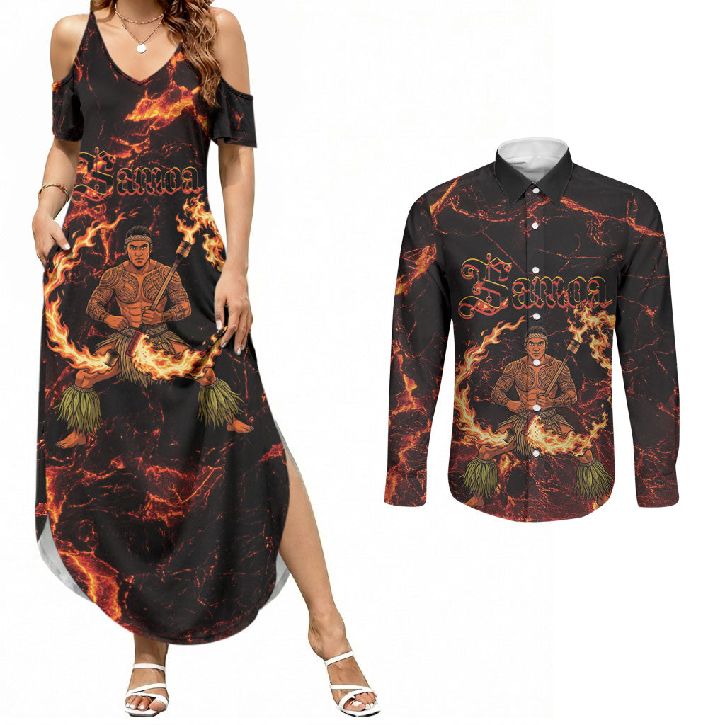 Samoa Siva Afi Dance Fireknife Couples Matching Summer Maxi Dress and Long Sleeve Button Shirt Polynesian Heritage Fire Dance LT9 Black - Polynesian Pride