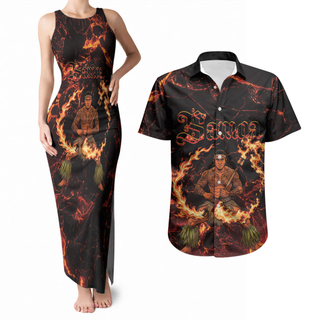 Samoa Siva Afi Dance Fireknife Couples Matching Tank Maxi Dress and Hawaiian Shirt Polynesian Heritage Fire Dance LT9 Black - Polynesian Pride