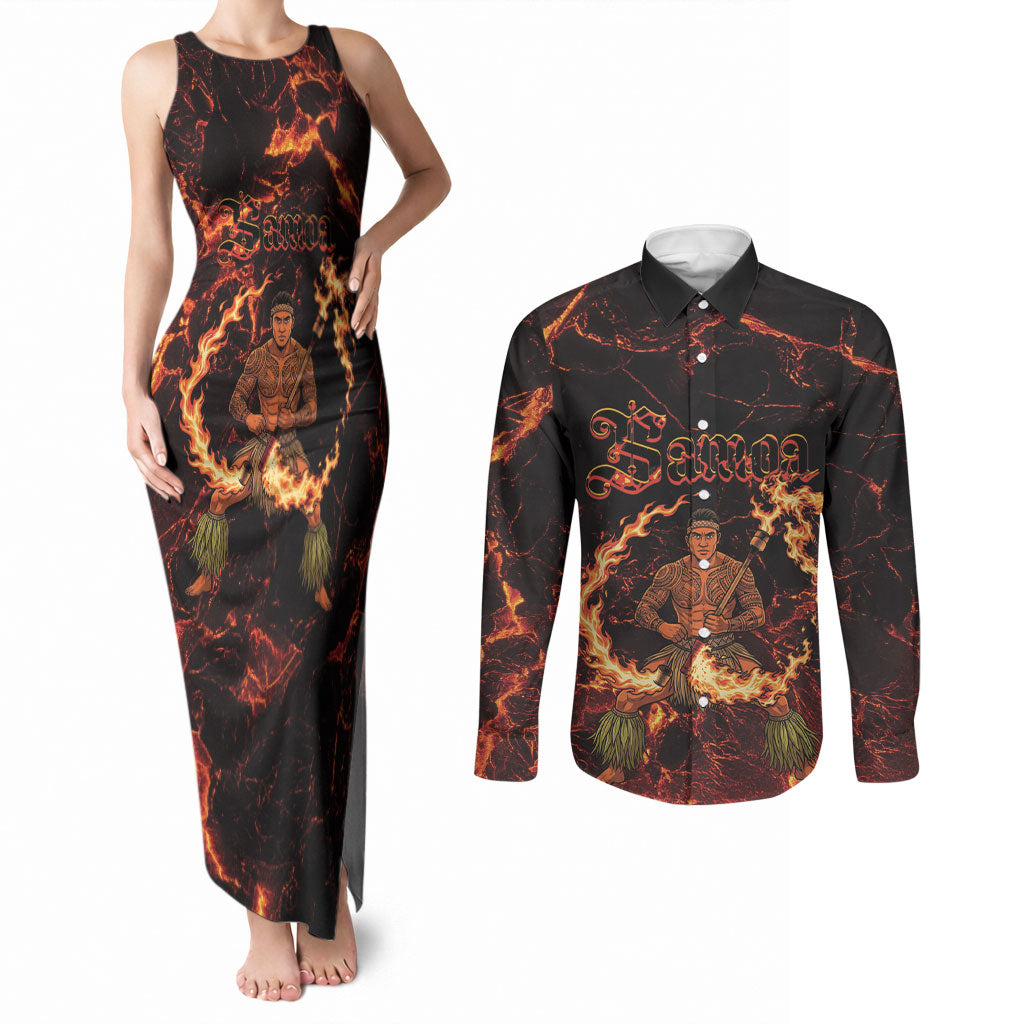 Samoa Siva Afi Dance Fireknife Couples Matching Tank Maxi Dress and Long Sleeve Button Shirt Polynesian Heritage Fire Dance LT9 Black - Polynesian Pride