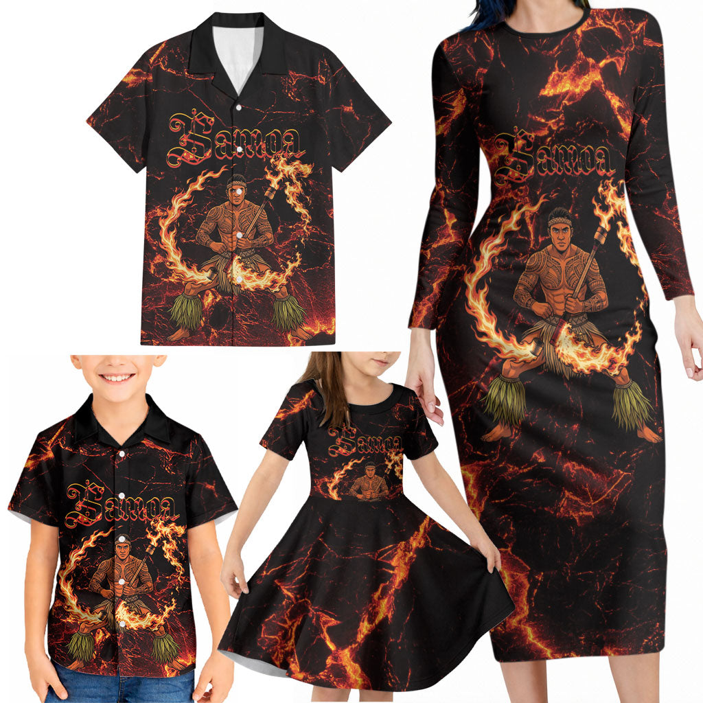 Samoa Siva Afi Dance Fireknife Family Matching Long Sleeve Bodycon Dress and Hawaiian Shirt Polynesian Heritage Fire Dance LT9 - Polynesian Pride