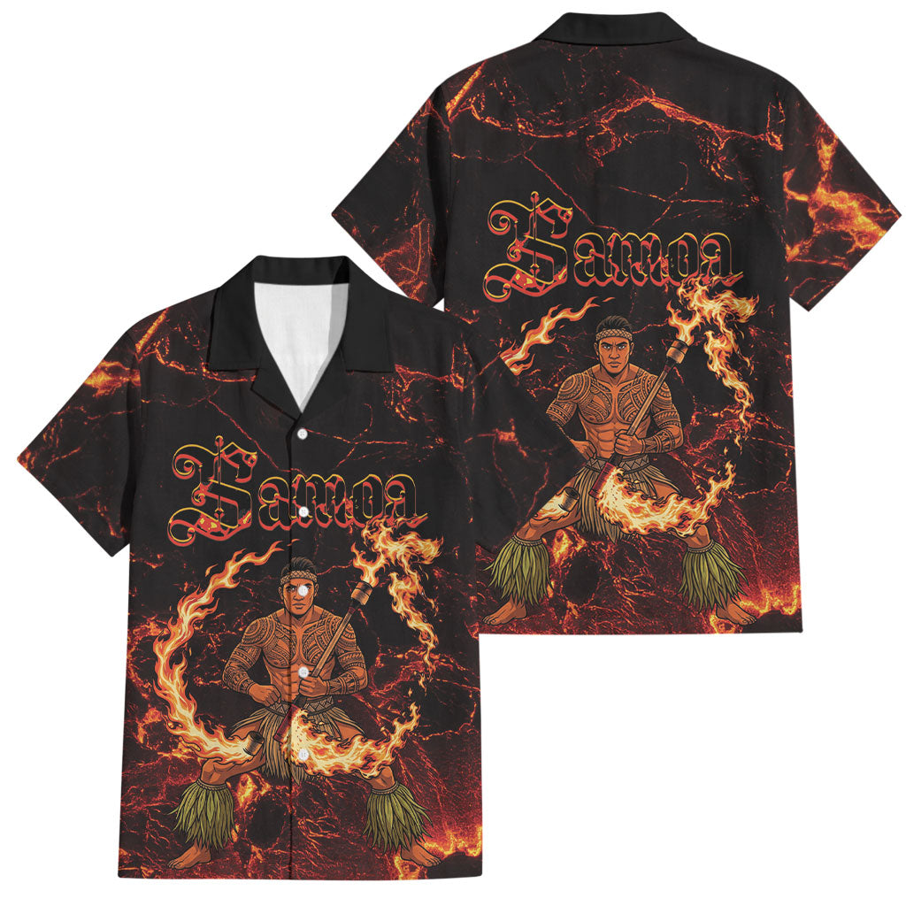 Samoa Siva Afi Dance Fireknife Family Matching Off The Shoulder Long Sleeve Dress and Hawaiian Shirt Polynesian Heritage Fire Dance LT9 Dad's Shirt - Short Sleeve Black - Polynesian Pride