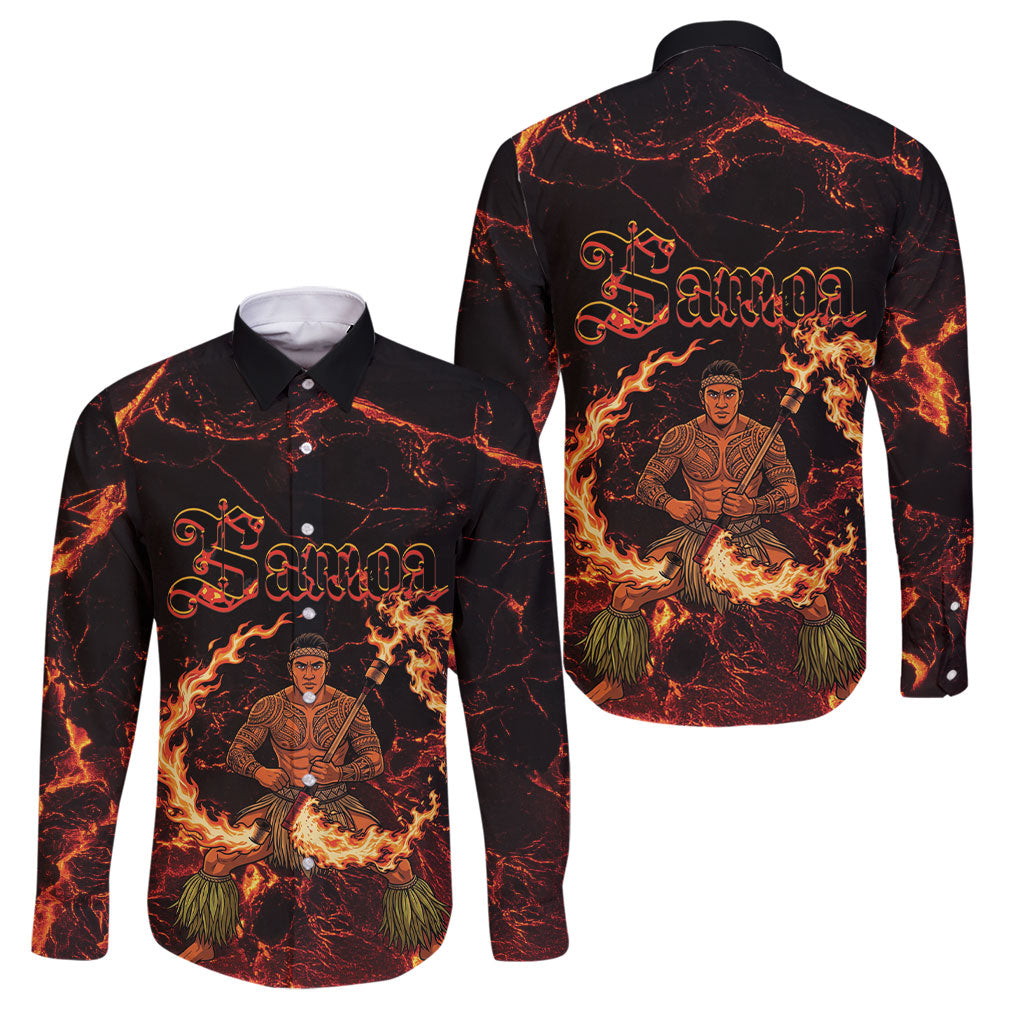 Samoa Siva Afi Dance Fireknife Family Matching Off The Shoulder Long Sleeve Dress and Hawaiian Shirt Polynesian Heritage Fire Dance LT9 Dad's Shirt - Long Sleeve Black - Polynesian Pride