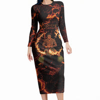 Samoa Siva Afi Dance Fireknife Long Sleeve Bodycon Dress Polynesian Heritage Fire Dance LT9 Long Dress Black - Polynesian Pride