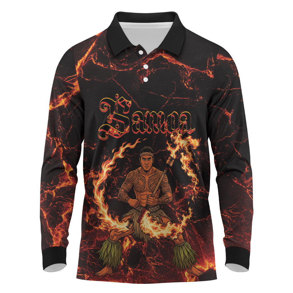 Samoa Siva Afi Dance Fireknife Long Sleeve Polo Shirt Polynesian Heritage Fire Dance LT9 Black - Polynesian Pride