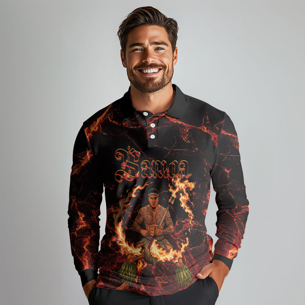 Samoa Siva Afi Dance Fireknife Long Sleeve Polo Shirt Polynesian Heritage Fire Dance LT9 - Polynesian Pride