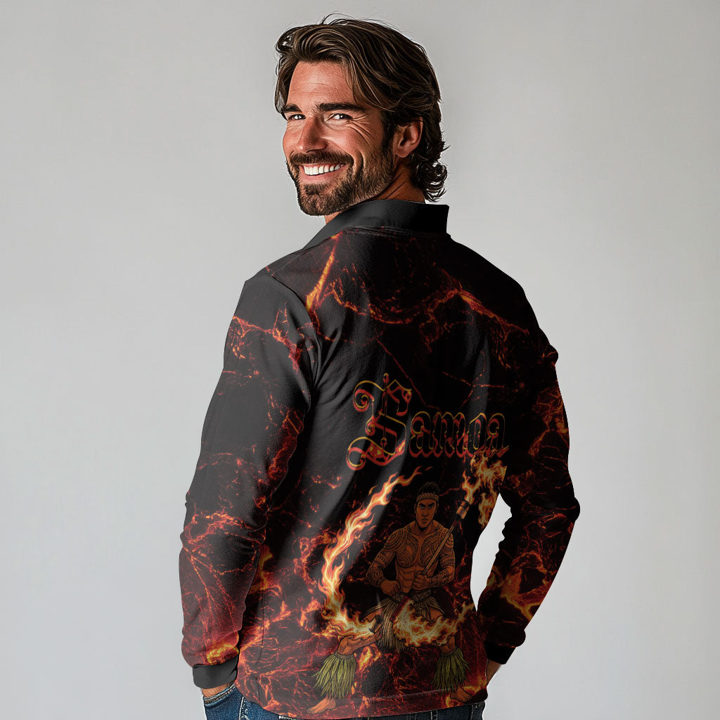 Samoa Siva Afi Dance Fireknife Long Sleeve Polo Shirt Polynesian Heritage Fire Dance LT9 - Polynesian Pride