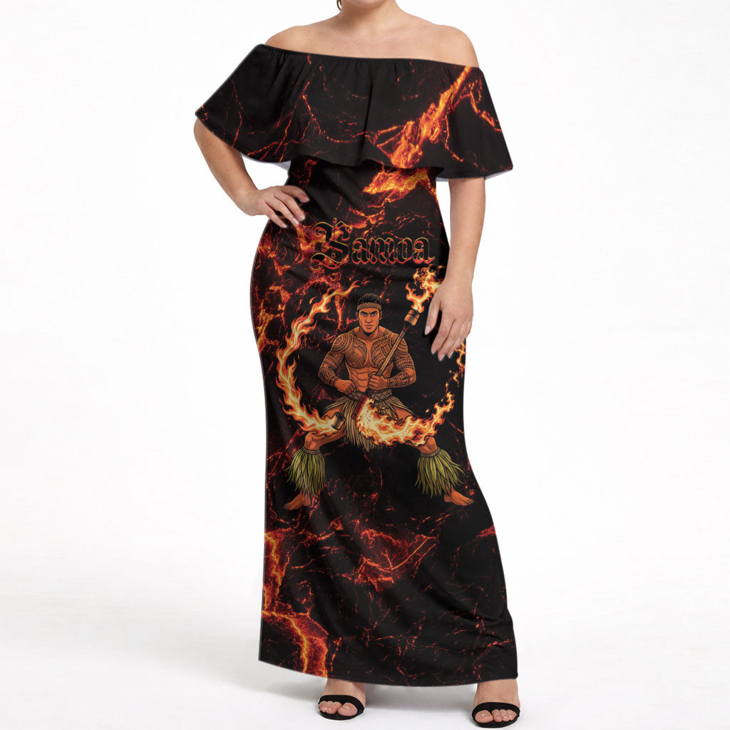 Samoa Siva Afi Dance Fireknife Off Shoulder Maxi Dress Polynesian Heritage Fire Dance LT9 Women Black - Polynesian Pride