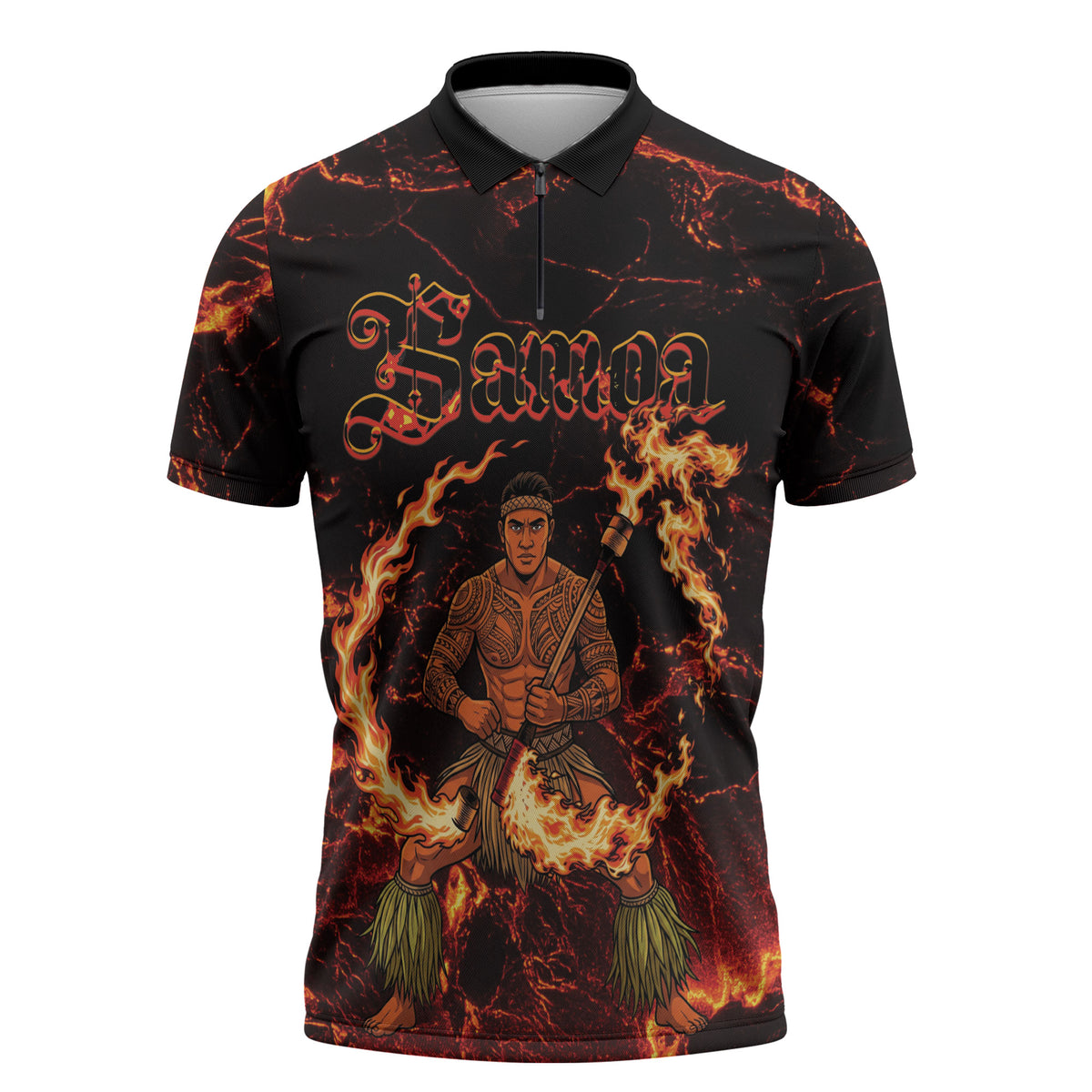 Samoa Siva Afi Dance Fireknife Zipper Polo Shirt Polynesian Heritage Fire Dance LT9 Black - Polynesian Pride