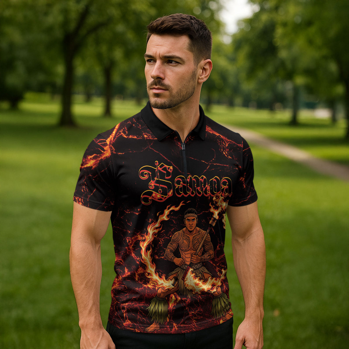 Samoa Siva Afi Dance Fireknife Zipper Polo Shirt Polynesian Heritage Fire Dance LT9 - Polynesian Pride