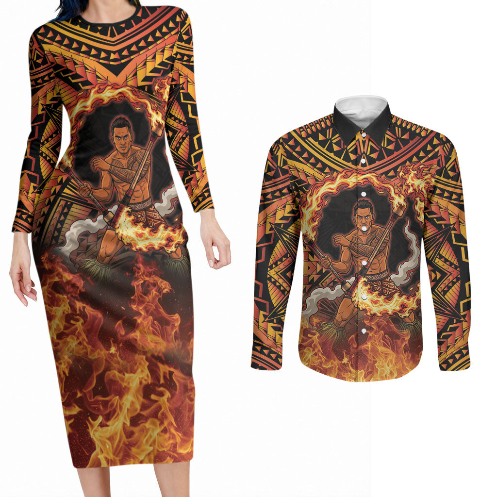 Samoa Siva Afi Dance Fireknife Couples Matching Long Sleeve Bodycon Dress and Long Sleeve Button Shirt Samoan Tribal Motif Dancing in the Fire LT9 Red - Polynesian Pride