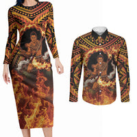 Samoa Siva Afi Dance Fireknife Couples Matching Long Sleeve Bodycon Dress and Long Sleeve Button Shirt Samoan Tribal Motif Dancing in the Fire LT9 Red - Polynesian Pride