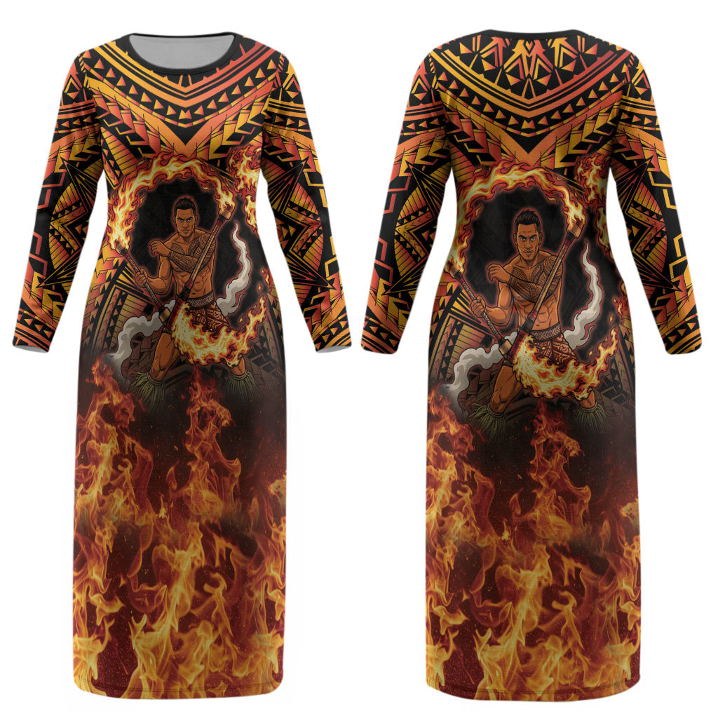 Samoa Siva Afi Dance Fireknife Couples Matching Long Sleeve Bodycon Dress and Long Sleeve Button Shirt Samoan Tribal Motif Dancing in the Fire LT9 - Polynesian Pride