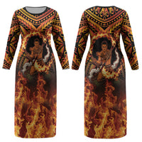Samoa Siva Afi Dance Fireknife Couples Matching Long Sleeve Bodycon Dress and Long Sleeve Button Shirt Samoan Tribal Motif Dancing in the Fire LT9 - Polynesian Pride